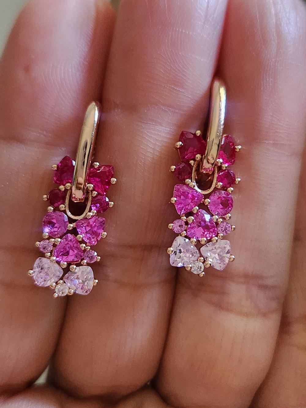 New 14K Gold Plated Pink Sapphire Diamond Dangle Drop Hoop Earrings for Women